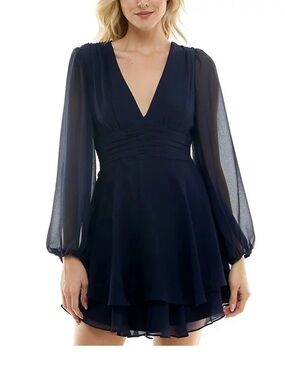 B Darlin Navy Chiffon Long-Sleeve Layered Dress NWT